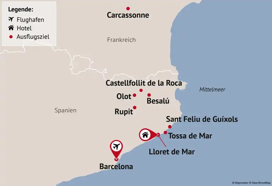 Die Abbildung zeigt einen Routenplan für eine Reise durch die Costa Brava und Südfrankreich. Die Route zeigt verschiedene