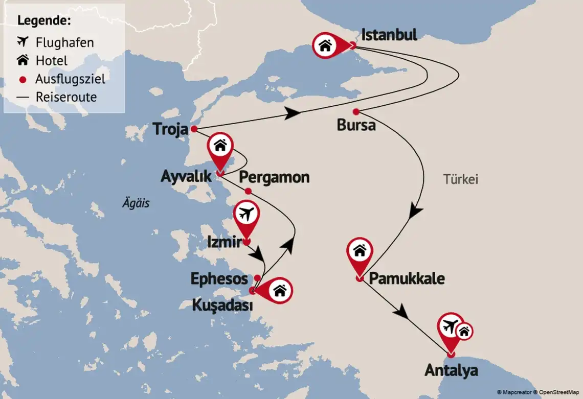 Die Bilder zeigt eine Routenpläne für eine 9-tägige Flugreise durch West-Türkei von Izmir bis Antalya mit Ausflugspaketen ab