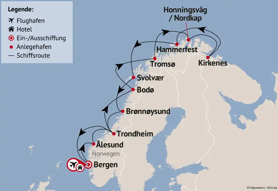 Ansicht - Postschiffroute ab Bergen
