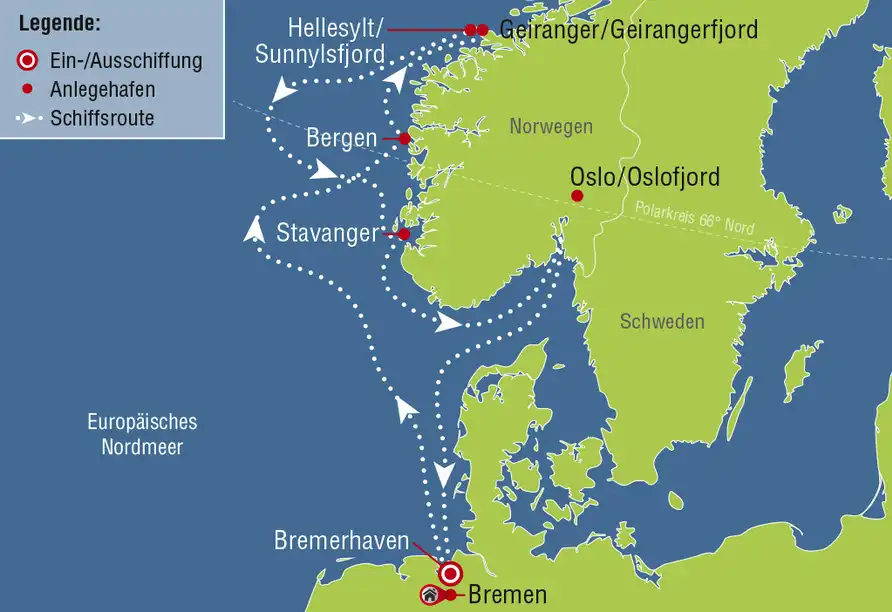 Einen Karte, auf der die Navigationstouren des Kreuzfahrt-Bootes "Mein Schiff 1" durch Norwegen dargestellt ist. Die Touren