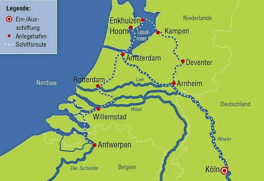 Eine Karte der Flussstraßen in Deutschland und Belgien, die durch die Netherlands verlaufen. Die MS VistaSky wird von Köln