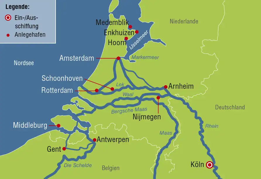 Die Abbildung zeigt eine Karte der Flussstraßen in Holland und Belgien. Die MS Antonia wird für eine 11-Tage-Reise an Bord