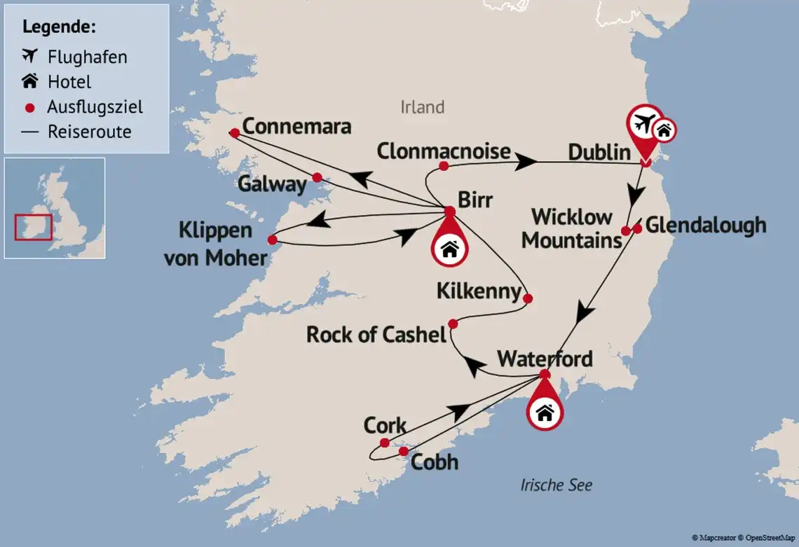 Eine Flugreise um die Insel Irland mit verschiedenen Ausflugstrecken und Städten. Die Flugreise beginnt in Dublin und führt