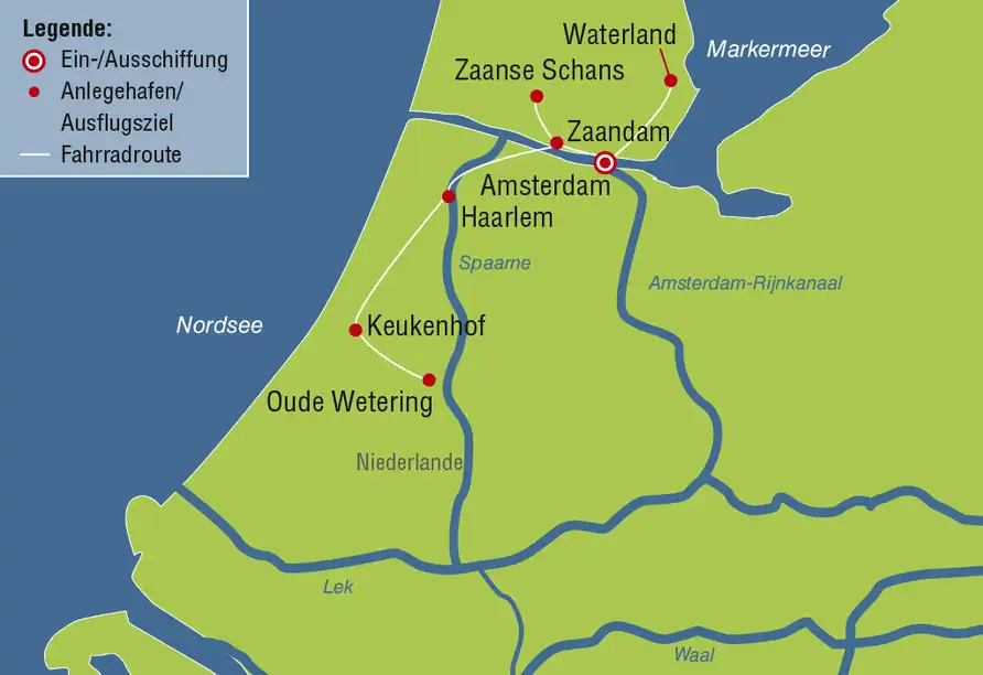 Die Abbildung zeigt einen Routenplan für eine Reise mit Rad und Schiff durch Holland. Die Start- und Zielort ist Amsterdam,