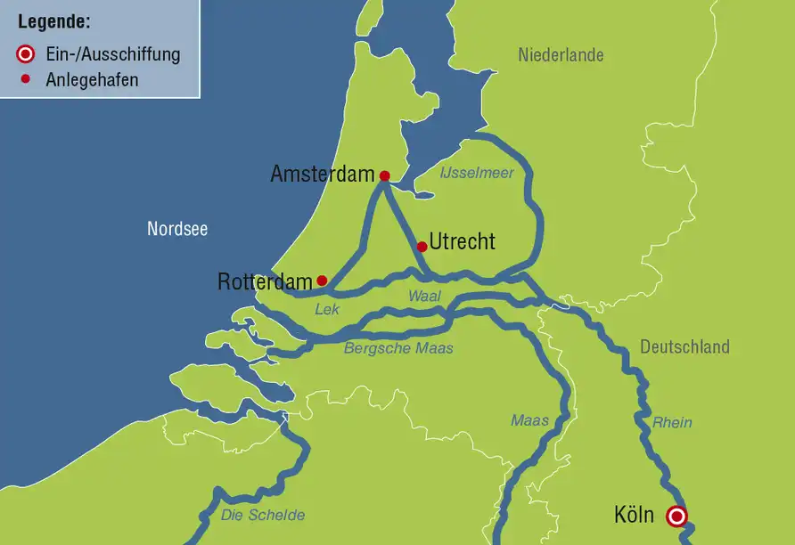 Eine Karte der Rhein-Adventskreuzfahrt in die Niederlande mit den Haltstellen Köln, Rotterdam, Amsterdam und Utrecht. Der