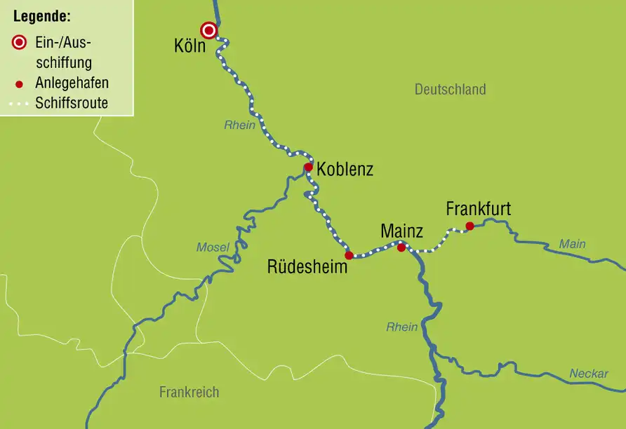 Einen Routenplan für eine Kurzkreuzfahrt entlang des Rheins von Köln nach Frankfurt und zurück. Die Route zeigt die