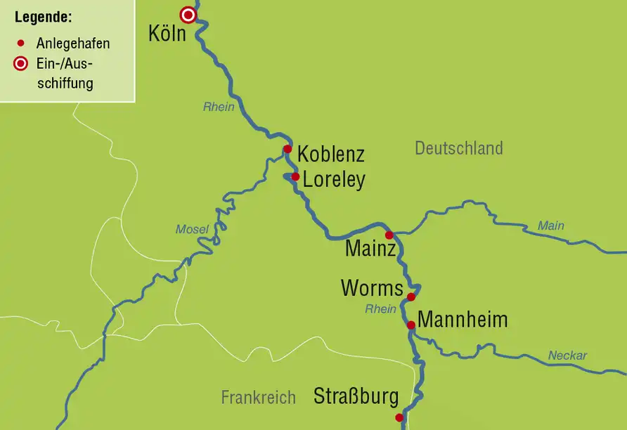 Eine Karte der Rheinreise auf MS Andrea von Köln bis Straßburg und zurück. Das Schiff verkehrt entlang der Rheinstraße,