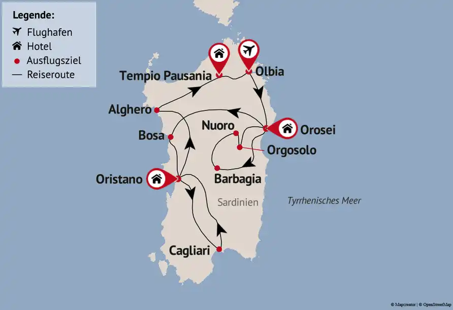 Die Abbildung zeigt eine Flugreise auf Sardinien mit verschiedenen Städten und Orten, die besucht werden können. Die Reise