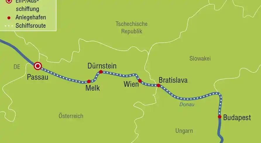 Einen Routenplan für eine Flussreise auf der Donau. Die Städte Passau, Dürnstein, Wien, Bratislava, Budapest und Melk sind