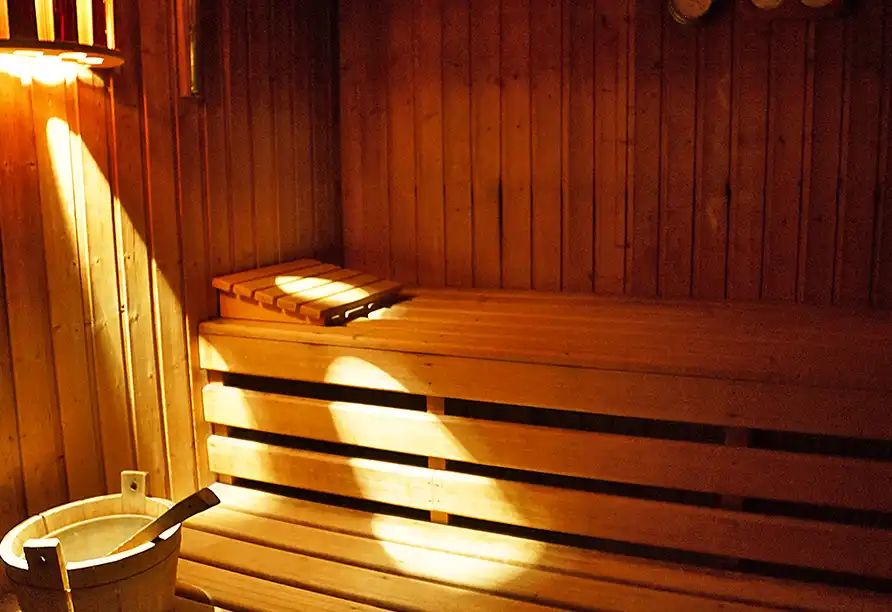Holzsauna mit Liegebänken und Saunaofen im Wellnessbereich des Hotels