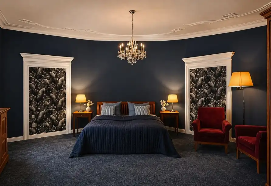 Ein Schlafzimmer im Hotel Vierseithof in Luckenwalde Brandenburg, mit einem großen Bett, einem Nachttisch mit Lampe und
