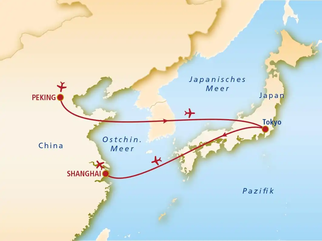 Eine Flugverbindung zwischen Peking, Tokio und Shanghai. Es ist ein 10-tägiger Silvesterreiseangebot ab 1799€,