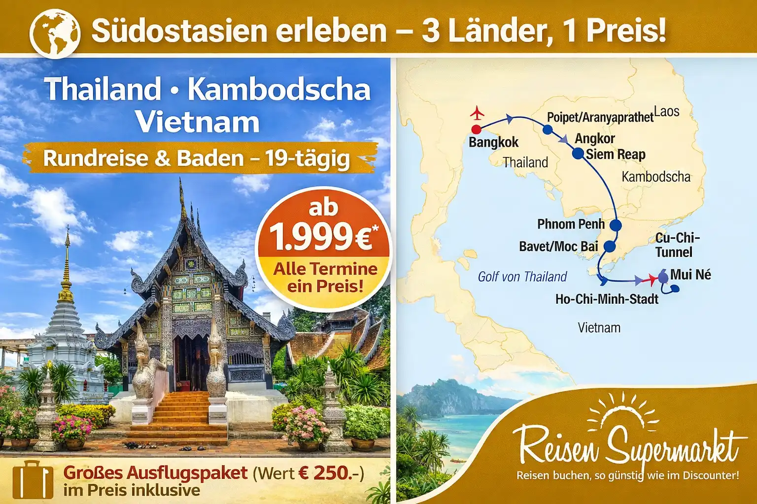 Thailand, Kambodscha, Vietnam Rundreise & Baden 19-tägig ab 1899 €