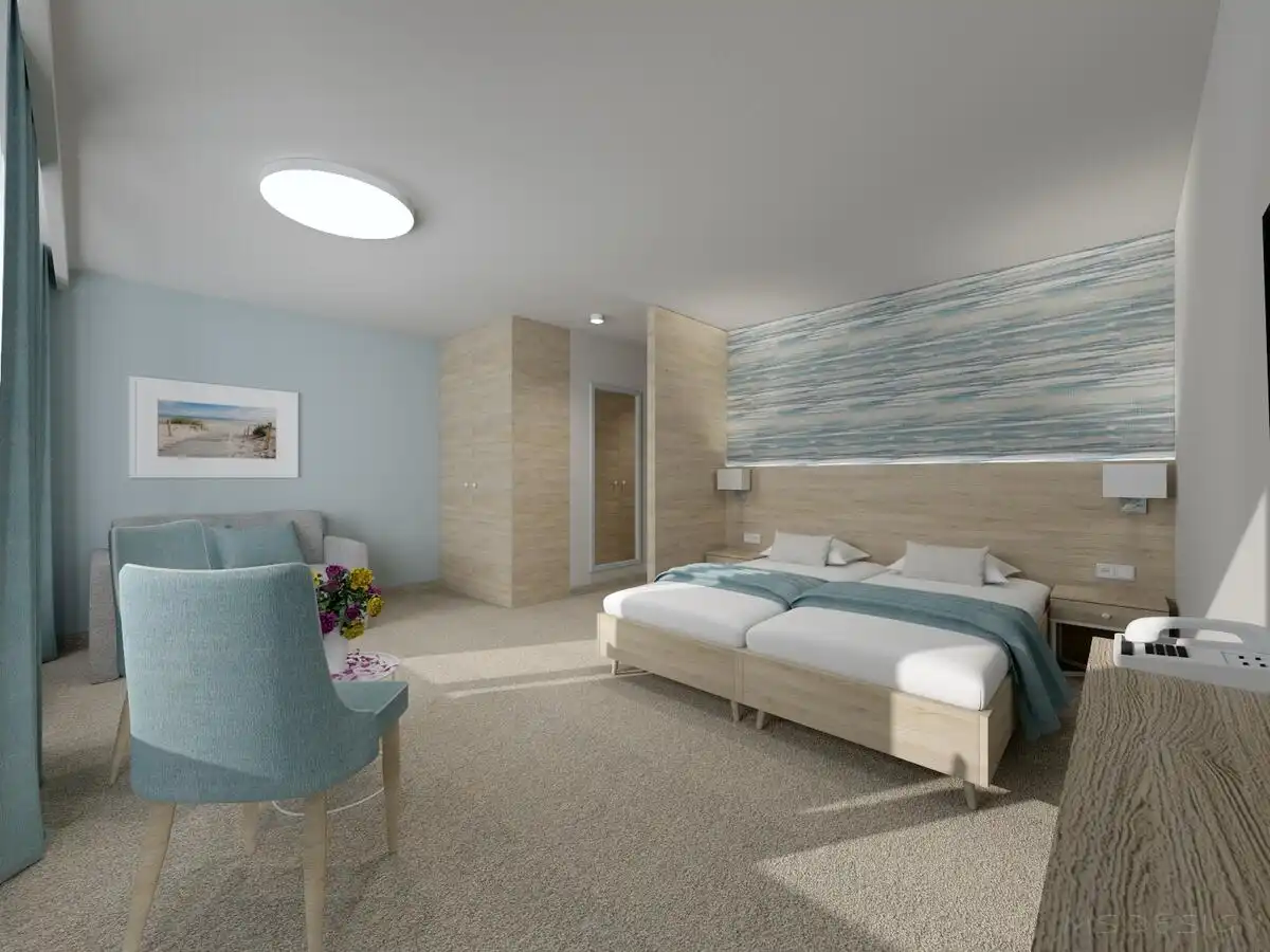 Ein Zimmer im Hotel Max in Ustronie Morskie mit Meerblick, gut ausgestattet und einladend