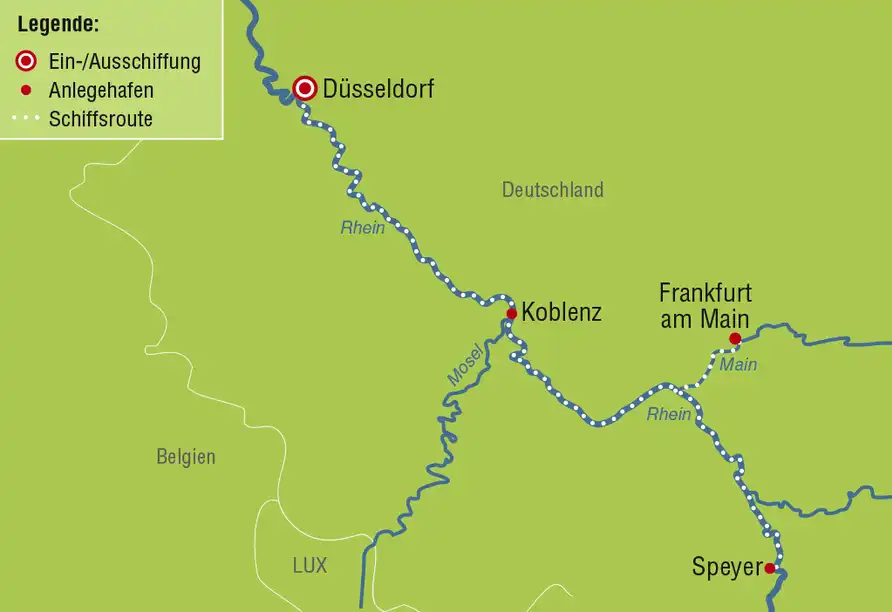 Einen Flusskreislauf-Route, der von Düsseldorf über Koblenz und Frankfurt am Main bis Speyer führt. Der Fluss ist der Rhein,